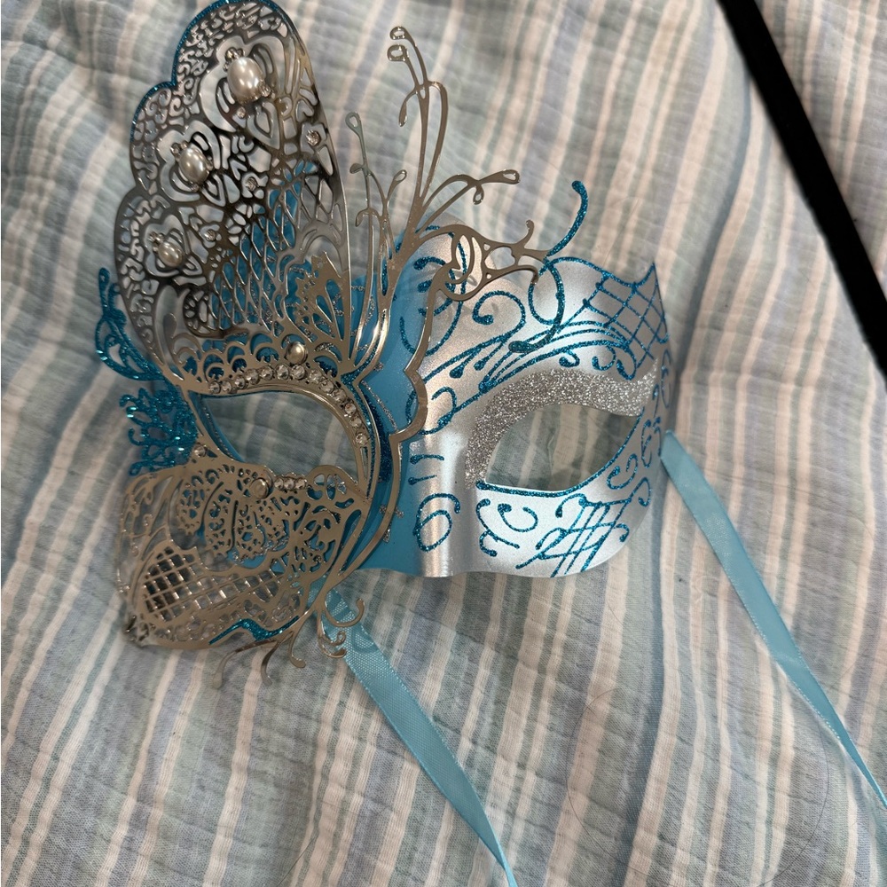 Elegant Silver and Blue Lace Face Mask